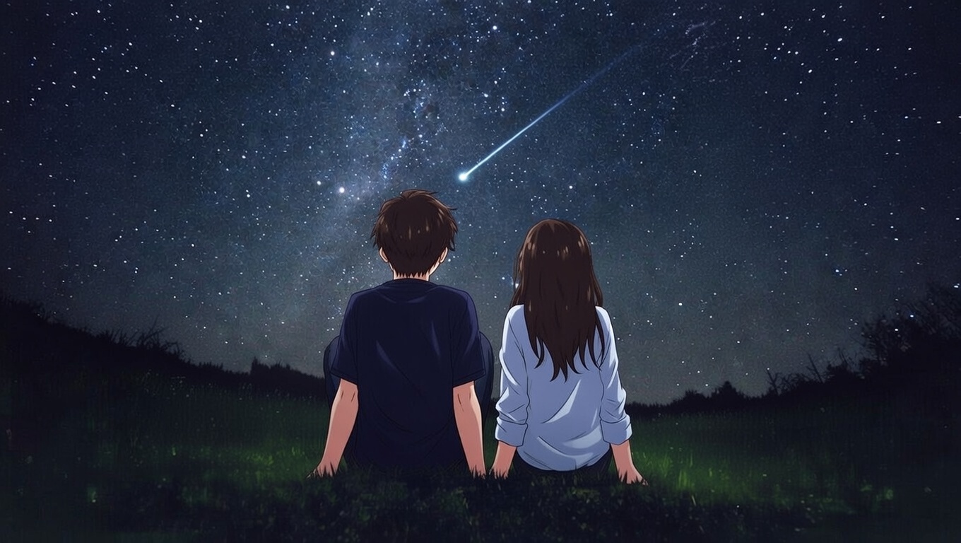 Anime boy and girl sitting together watching a shooting star under the night sky, view from behind